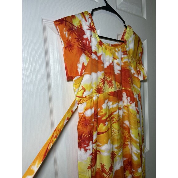 Vintage Sears Hawaiian Fashions Empire Waist Palm Tree Maxi Orange/Yellow SZ 14 - Picture 2 of 6